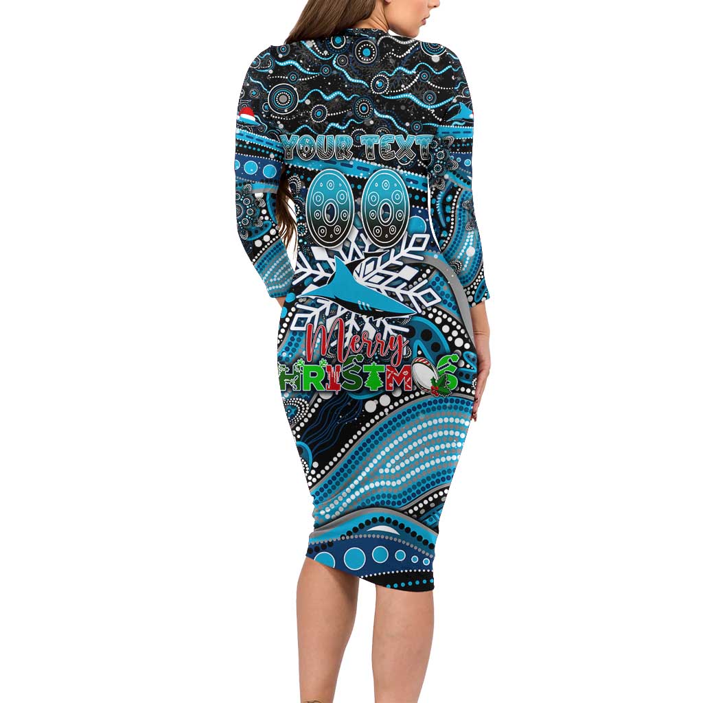 Merry Christmas Sharks Long Sleeve Bodycon Dress Aboriginal Santa Rugby Mascot - Cronulla Sutherland