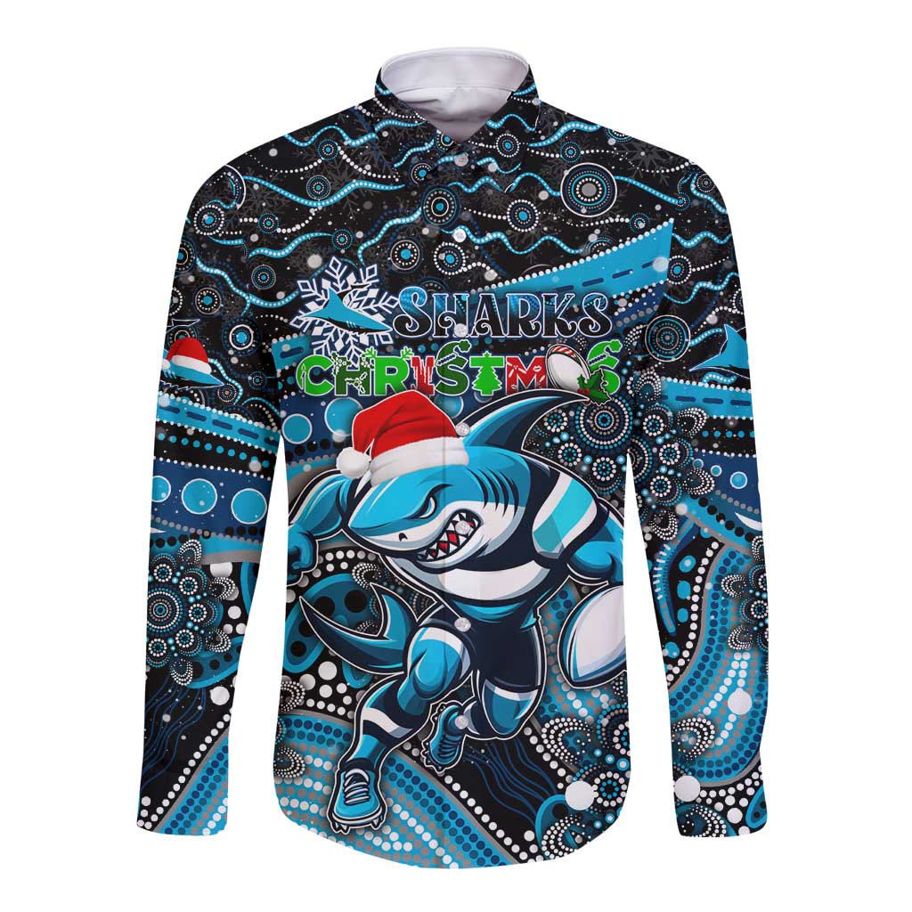 Merry Christmas Sharks Long Sleeve Button Shirt Aboriginal Santa Rugby Mascot - Cronulla Sutherland