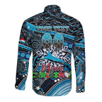 Merry Christmas Sharks Long Sleeve Button Shirt Aboriginal Santa Rugby Mascot - Cronulla Sutherland