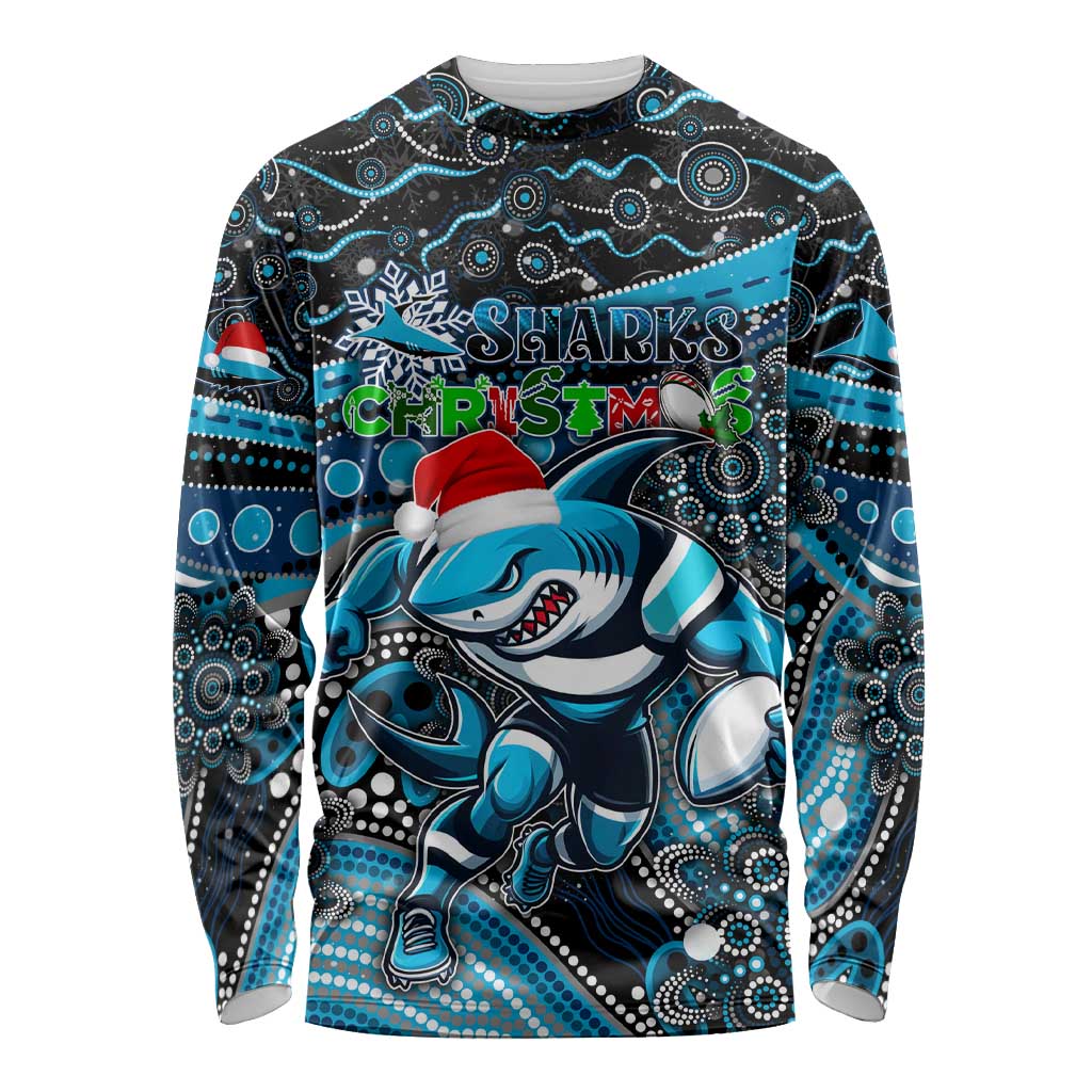 Merry Christmas Sharks Long Sleeve Shirt Aboriginal Santa Rugby Mascot - Cronulla Sutherland