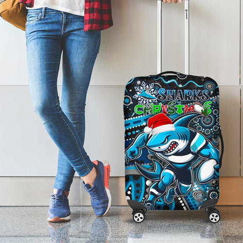 Merry Christmas Sharks Luggage Cover Aboriginal Santa Rugby Mascot - Cronulla Sutherland