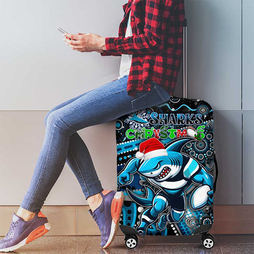 Merry Christmas Sharks Luggage Cover Aboriginal Santa Rugby Mascot - Cronulla Sutherland