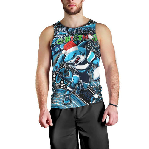 Merry Christmas Sharks Men Tank Top Aboriginal Santa Rugby Mascot - Cronulla Sutherland