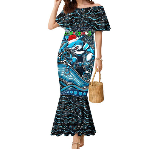 Merry Christmas Sharks Mermaid Dress Aboriginal Santa Rugby Mascot - Cronulla Sutherland