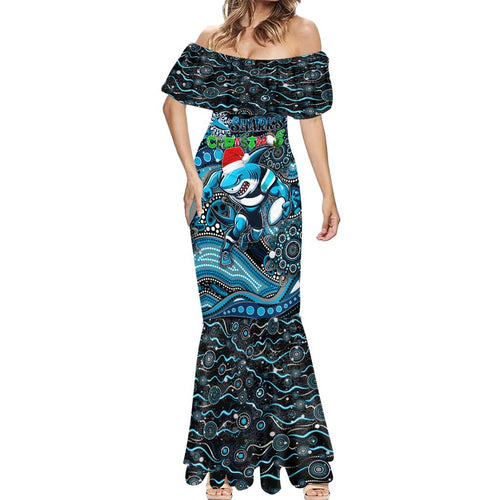 Merry Christmas Sharks Mermaid Dress Aboriginal Santa Rugby Mascot - Cronulla Sutherland