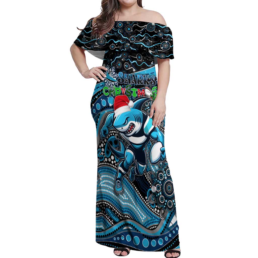 Merry Christmas Sharks Off Shoulder Maxi Dress Aboriginal Santa Rugby Mascot - Cronulla Sutherland