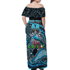 Merry Christmas Sharks Off Shoulder Maxi Dress Aboriginal Santa Rugby Mascot - Cronulla Sutherland