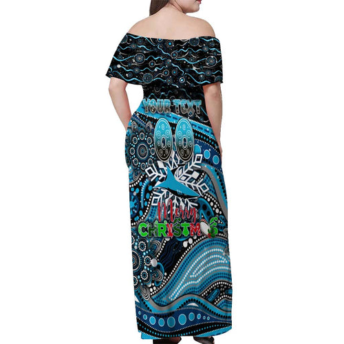 Merry Christmas Sharks Off Shoulder Maxi Dress Aboriginal Santa Rugby Mascot - Cronulla Sutherland