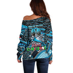 Merry Christmas Sharks Off Shoulder Sweater Aboriginal Santa Rugby Mascot - Cronulla Sutherland