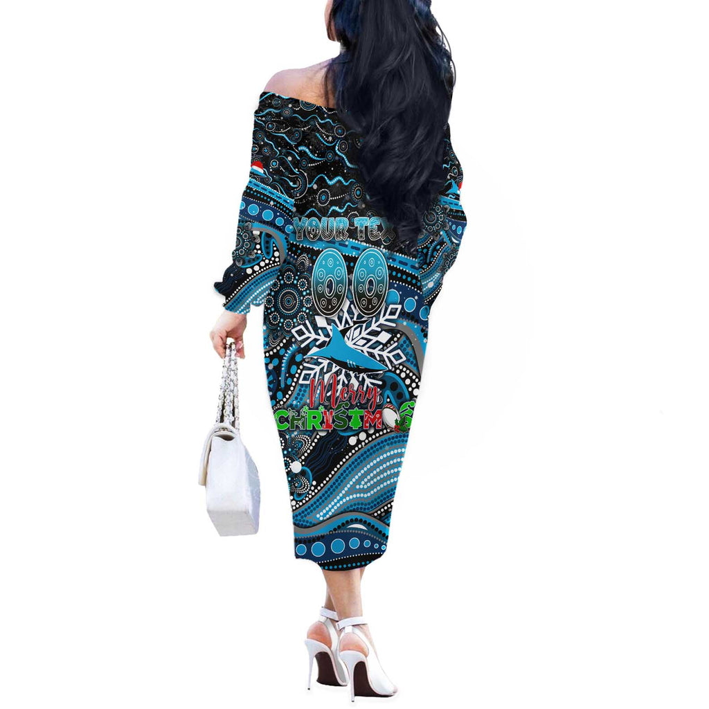 Merry Christmas Sharks Off The Shoulder Long Sleeve Dress Aboriginal Santa Rugby Mascot - Cronulla Sutherland