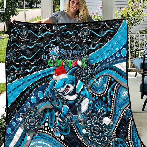 Merry Christmas Sharks Quilt Aboriginal Santa Rugby Mascot - Cronulla Sutherland