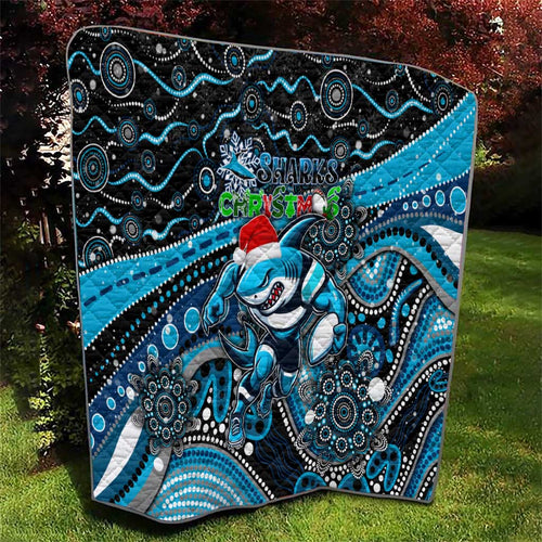 Merry Christmas Sharks Quilt Aboriginal Santa Rugby Mascot - Cronulla Sutherland