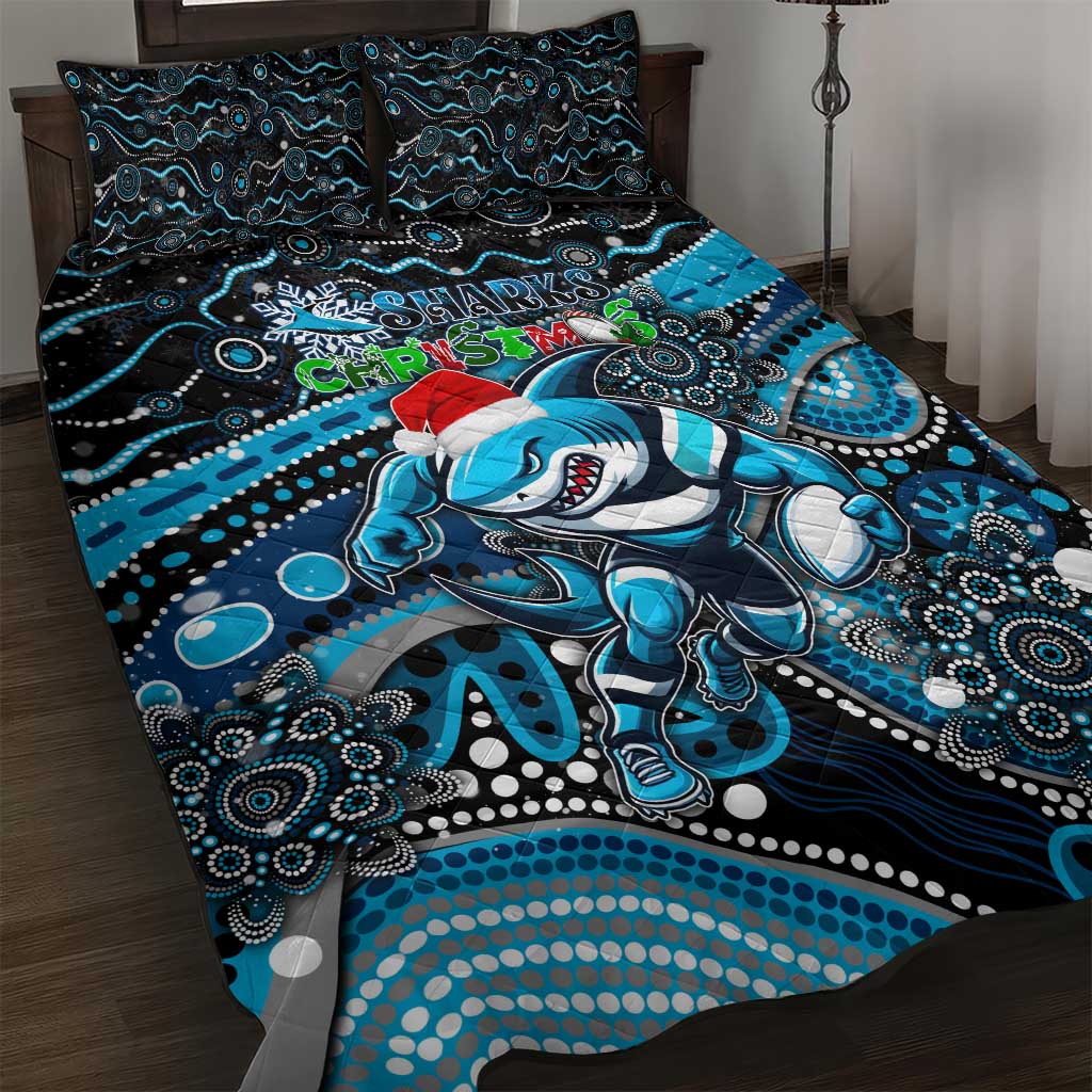 Merry Christmas Sharks Quilt Bed Set Aboriginal Santa Rugby Mascot - Cronulla Sutherland