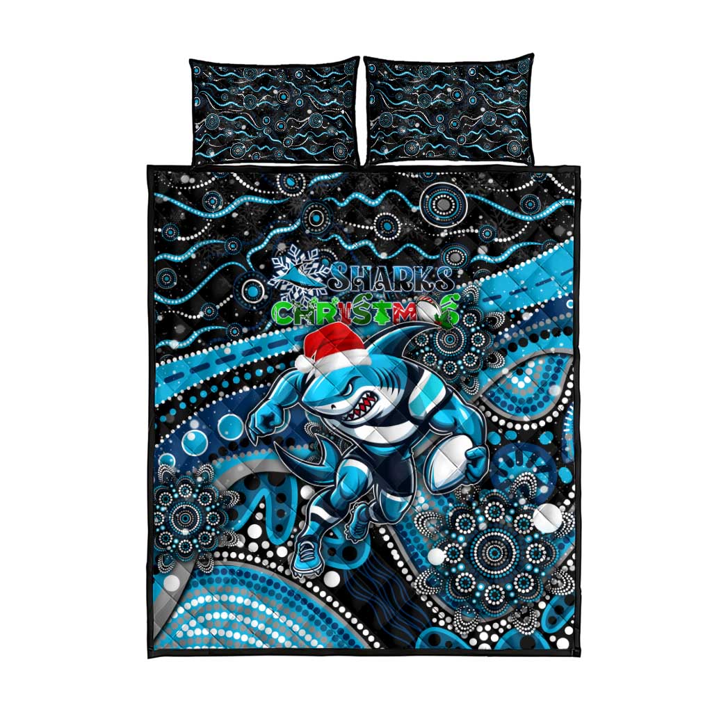 Merry Christmas Sharks Quilt Bed Set Aboriginal Santa Rugby Mascot - Cronulla Sutherland