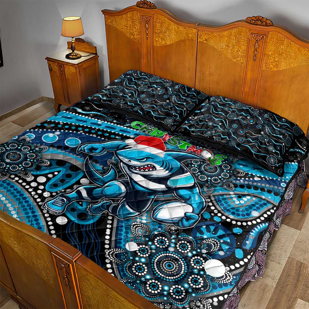 Merry Christmas Sharks Quilt Bed Set Aboriginal Santa Rugby Mascot - Cronulla Sutherland
