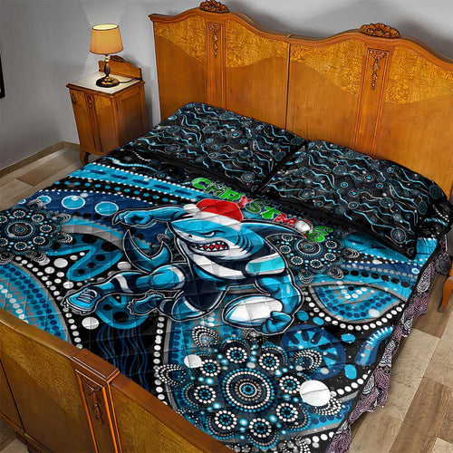 Merry Christmas Sharks Quilt Bed Set Aboriginal Santa Rugby Mascot - Cronulla Sutherland