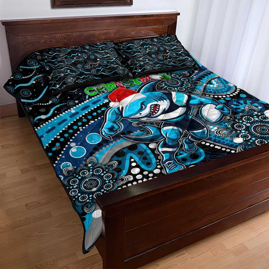Merry Christmas Sharks Quilt Bed Set Aboriginal Santa Rugby Mascot - Cronulla Sutherland
