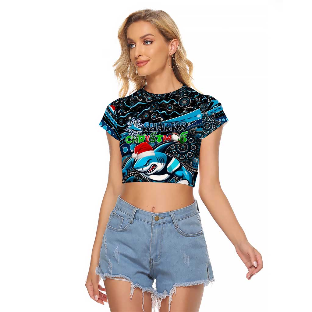 Merry Christmas Sharks Raglan Cropped T Shirt Aboriginal Santa Rugby Mascot - Cronulla Sutherland