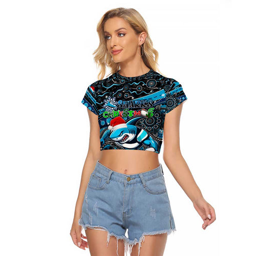 Merry Christmas Sharks Raglan Cropped T Shirt Aboriginal Santa Rugby Mascot - Cronulla Sutherland