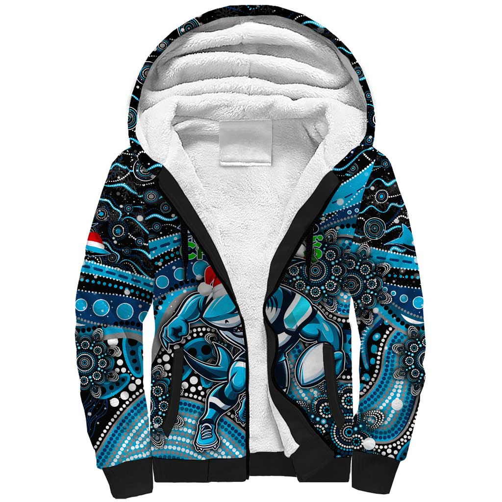 Merry Christmas Sharks Sherpa Hoodie Aboriginal Santa Rugby Mascot - Cronulla Sutherland