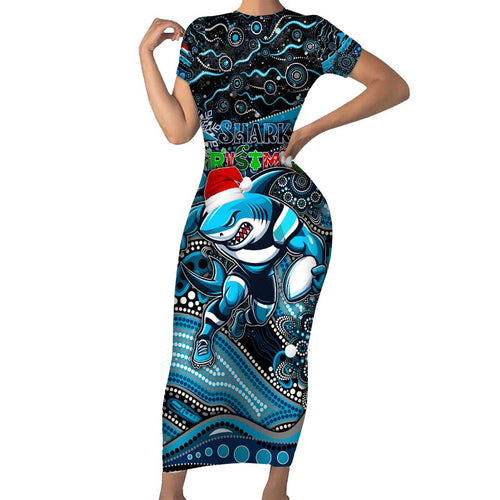 Merry Christmas Sharks Short Sleeve Bodycon Dress Aboriginal Santa Rugby Mascot - Cronulla Sutherland