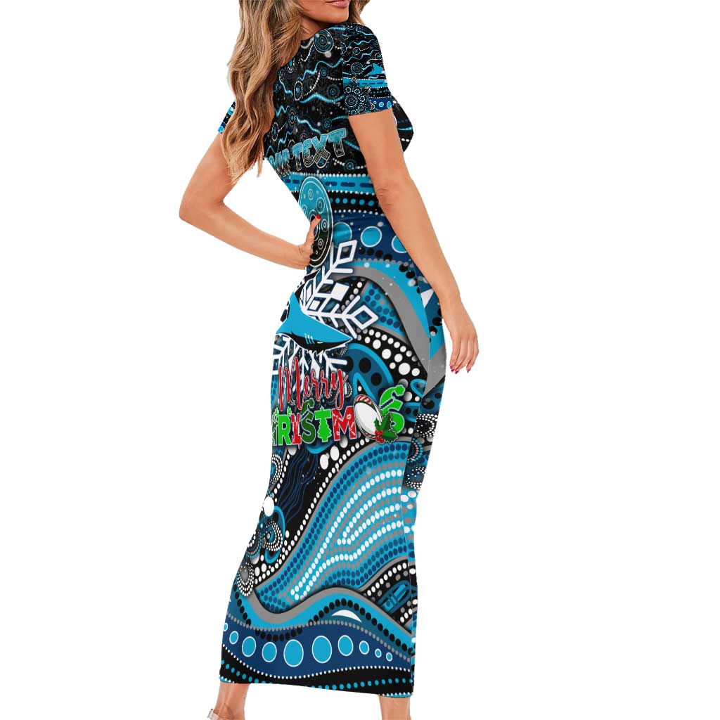 Merry Christmas Sharks Short Sleeve Bodycon Dress Aboriginal Santa Rugby Mascot - Cronulla Sutherland