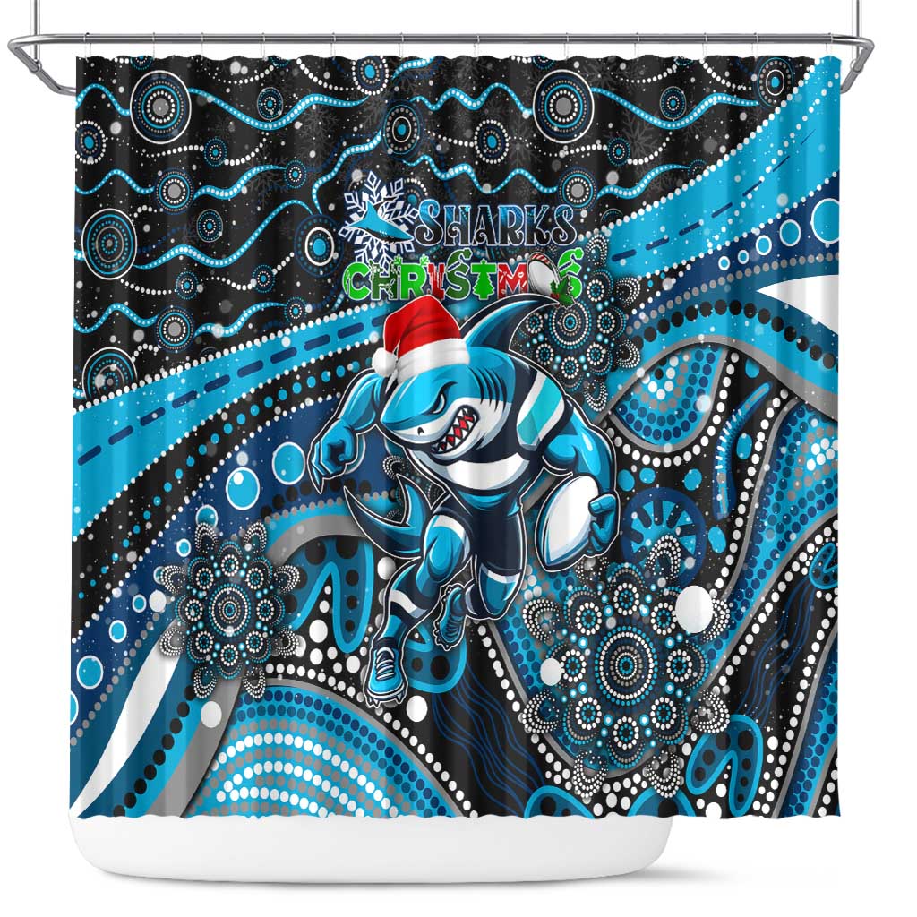 Merry Christmas Sharks Shower Curtain Aboriginal Santa Rugby Mascot - Cronulla Sutherland