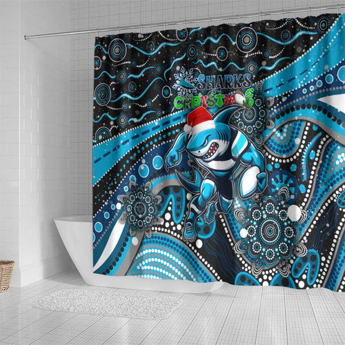 Merry Christmas Sharks Shower Curtain Aboriginal Santa Rugby Mascot - Cronulla Sutherland