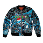 Merry Christmas Sharks Sleeve Zip Bomber Jacket Aboriginal Santa Rugby Mascot - Cronulla Sutherland
