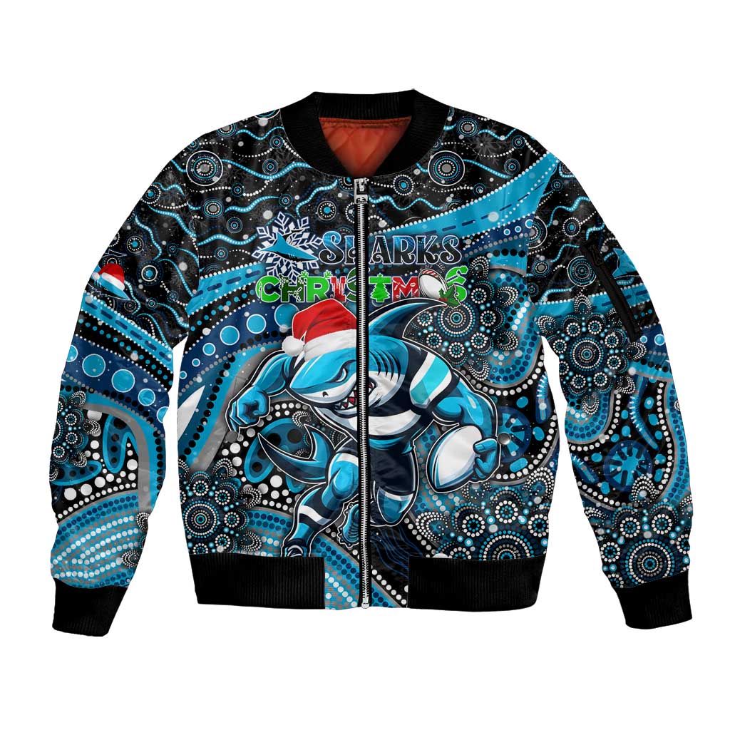 Merry Christmas Sharks Sleeve Zip Bomber Jacket Aboriginal Santa Rugby Mascot - Cronulla Sutherland