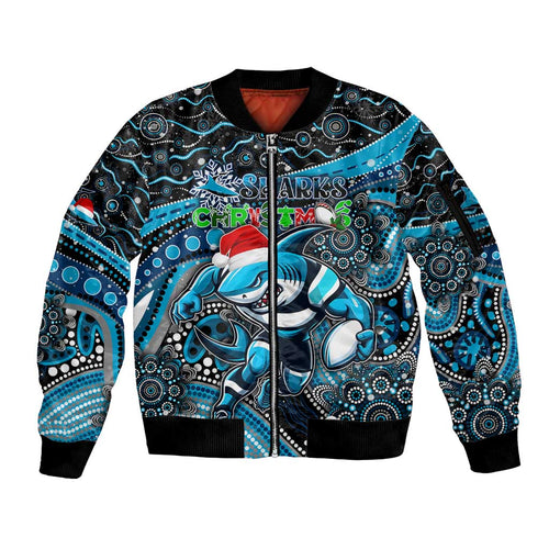 Merry Christmas Sharks Sleeve Zip Bomber Jacket Aboriginal Santa Rugby Mascot - Cronulla Sutherland