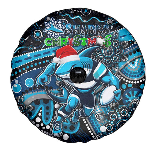 Merry Christmas Sharks Spare Tire Cover Aboriginal Santa Rugby Mascot - Cronulla Sutherland