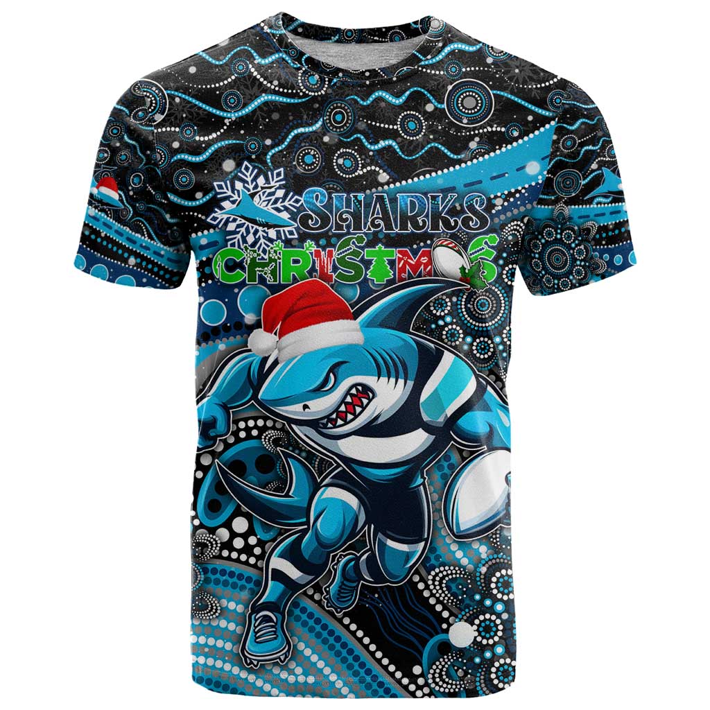 Merry Christmas Sharks T Shirt Aboriginal Santa Rugby Mascot - Cronulla Sutherland