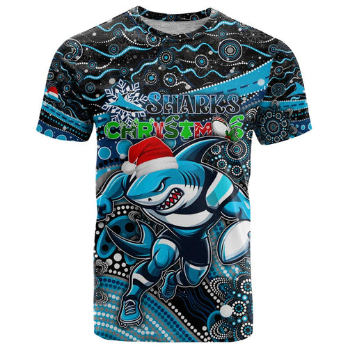 Merry Christmas Sharks T Shirt Aboriginal Santa Rugby Mascot - Cronulla Sutherland