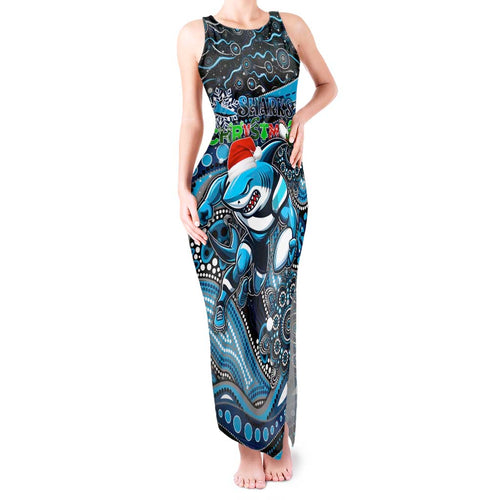 Merry Christmas Sharks Tank Maxi Dress Aboriginal Santa Rugby Mascot - Cronulla Sutherland