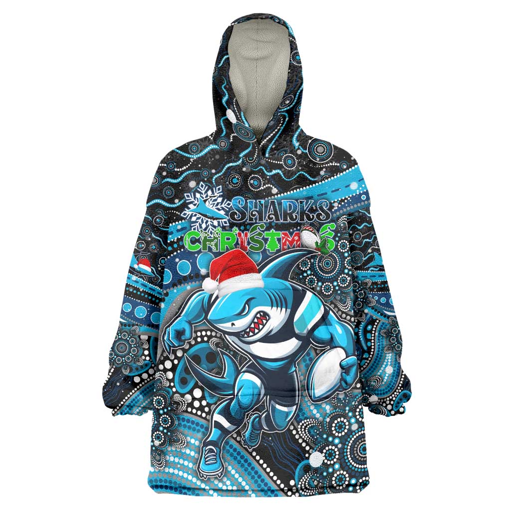 Merry Christmas Sharks Wearable Blanket Hoodie Aboriginal Santa Rugby Mascot - Cronulla Sutherland