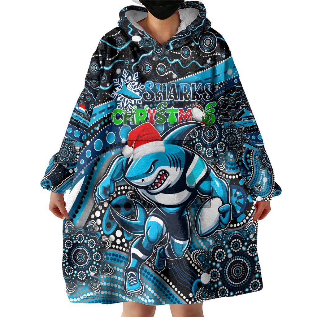 Merry Christmas Sharks Wearable Blanket Hoodie Aboriginal Santa Rugby Mascot - Cronulla Sutherland