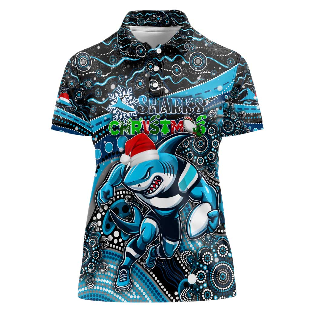 Merry Christmas Sharks Women Polo Shirt Aboriginal Santa Rugby Mascot - Cronulla Sutherland