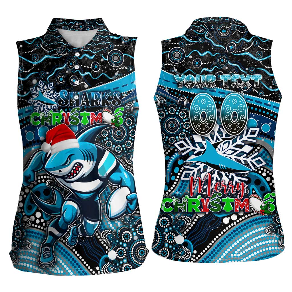 Merry Christmas Sharks Women Sleeveless Polo Shirt Aboriginal Santa Rugby Mascot - Cronulla Sutherland
