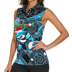 Merry Christmas Sharks Women Sleeveless Polo Shirt Aboriginal Santa Rugby Mascot - Cronulla Sutherland