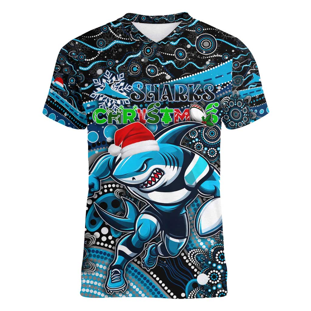 Merry Christmas Sharks Women V-Neck T-Shirt Aboriginal Santa Rugby Mascot - Cronulla Sutherland