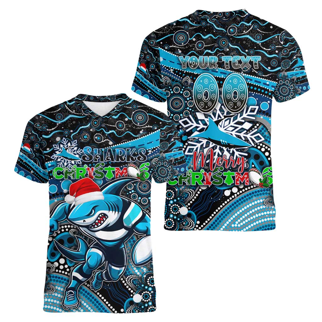 Merry Christmas Sharks Women V-Neck T-Shirt Aboriginal Santa Rugby Mascot - Cronulla Sutherland