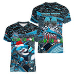 Merry Christmas Sharks Women V-Neck T-Shirt Aboriginal Santa Rugby Mascot - Cronulla Sutherland