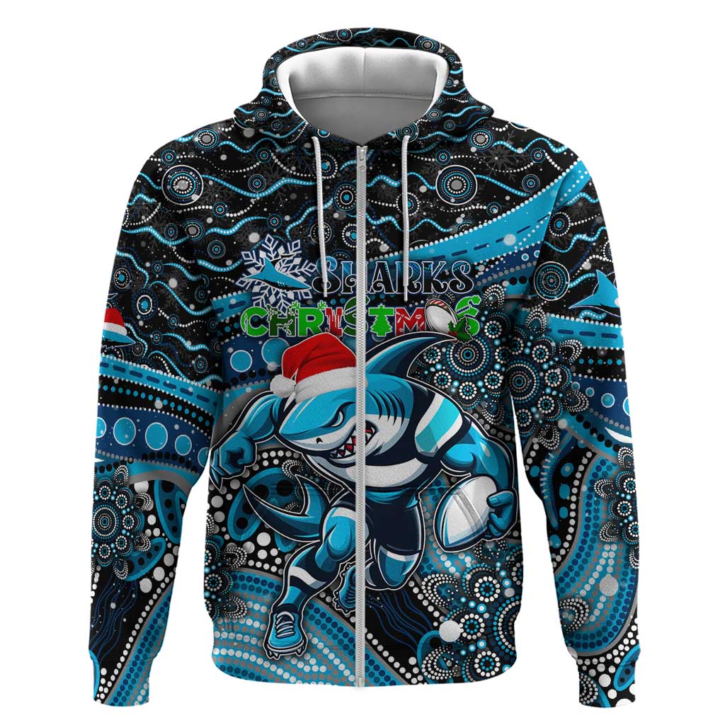 Merry Christmas Sharks Zip Hoodie Aboriginal Santa Rugby Mascot - Cronulla Sutherland