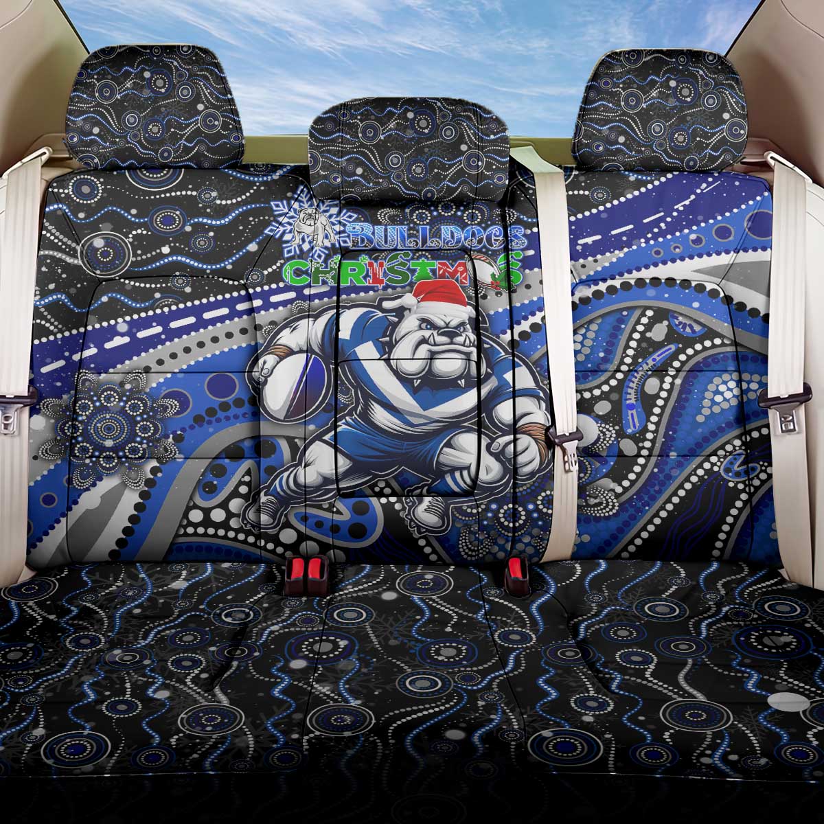 Merry Christmas Bulldogs Back Car Seat Cover Aboriginal Santa Rugby Mascot - Canterbury Bankstown