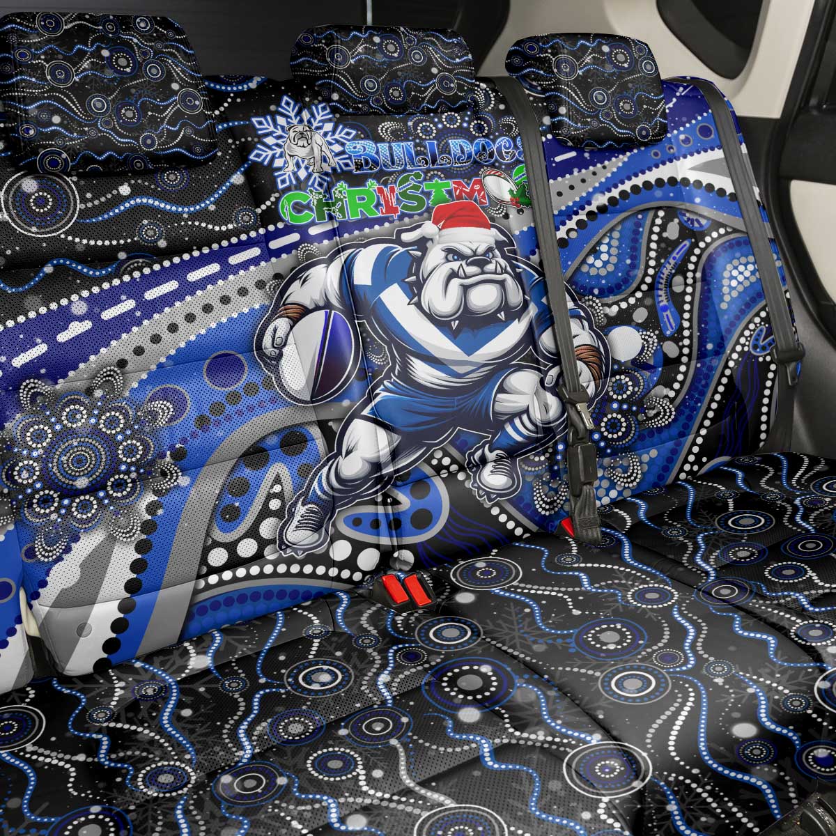 Merry Christmas Bulldogs Back Car Seat Cover Aboriginal Santa Rugby Mascot - Canterbury Bankstown