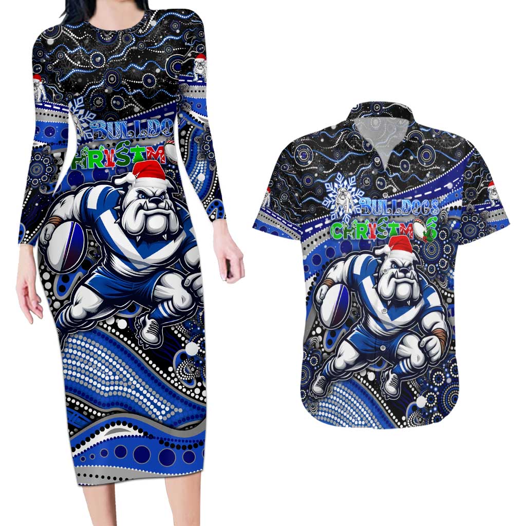 Merry Christmas Bulldogs Couples Matching Long Sleeve Bodycon Dress and Hawaiian Shirt Aboriginal Santa Rugby Mascot - Canterbury Bankstown