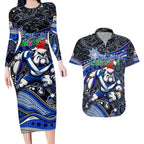 Merry Christmas Bulldogs Couples Matching Long Sleeve Bodycon Dress and Hawaiian Shirt Aboriginal Santa Rugby Mascot - Canterbury Bankstown