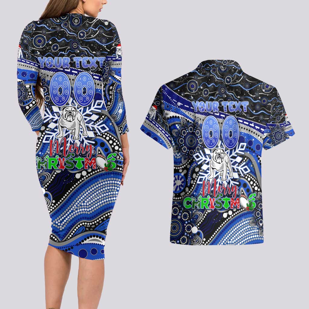 Merry Christmas Bulldogs Couples Matching Long Sleeve Bodycon Dress and Hawaiian Shirt Aboriginal Santa Rugby Mascot - Canterbury Bankstown