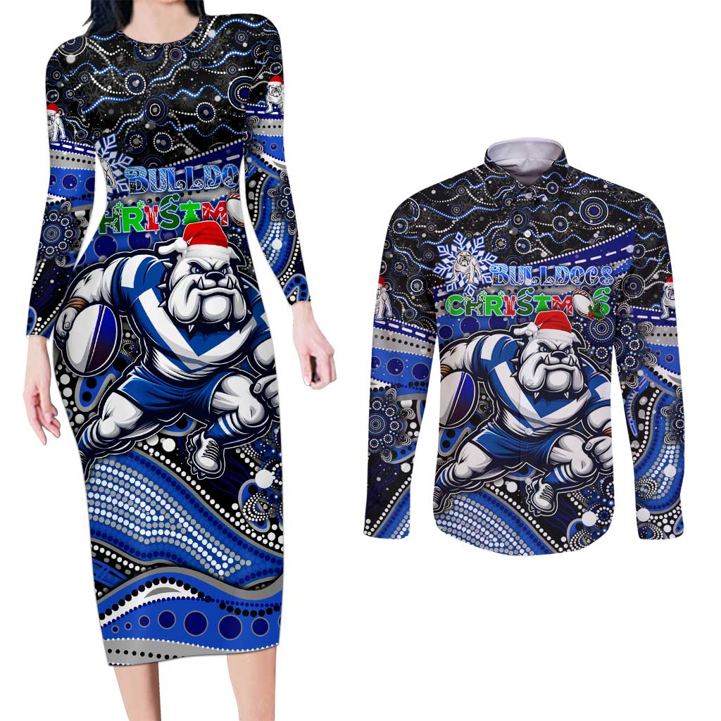 Merry Christmas Bulldogs Couples Matching Long Sleeve Bodycon Dress and Long Sleeve Button Shirt Aboriginal Santa Rugby Mascot - Canterbury Bankstown